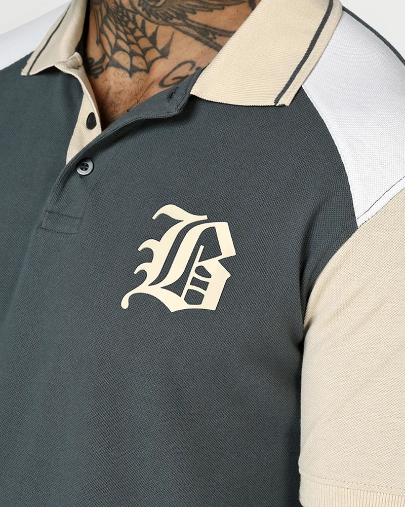 bewakoof Men's Dark Shadow Grey & Beige Color Block Polo T-shirt